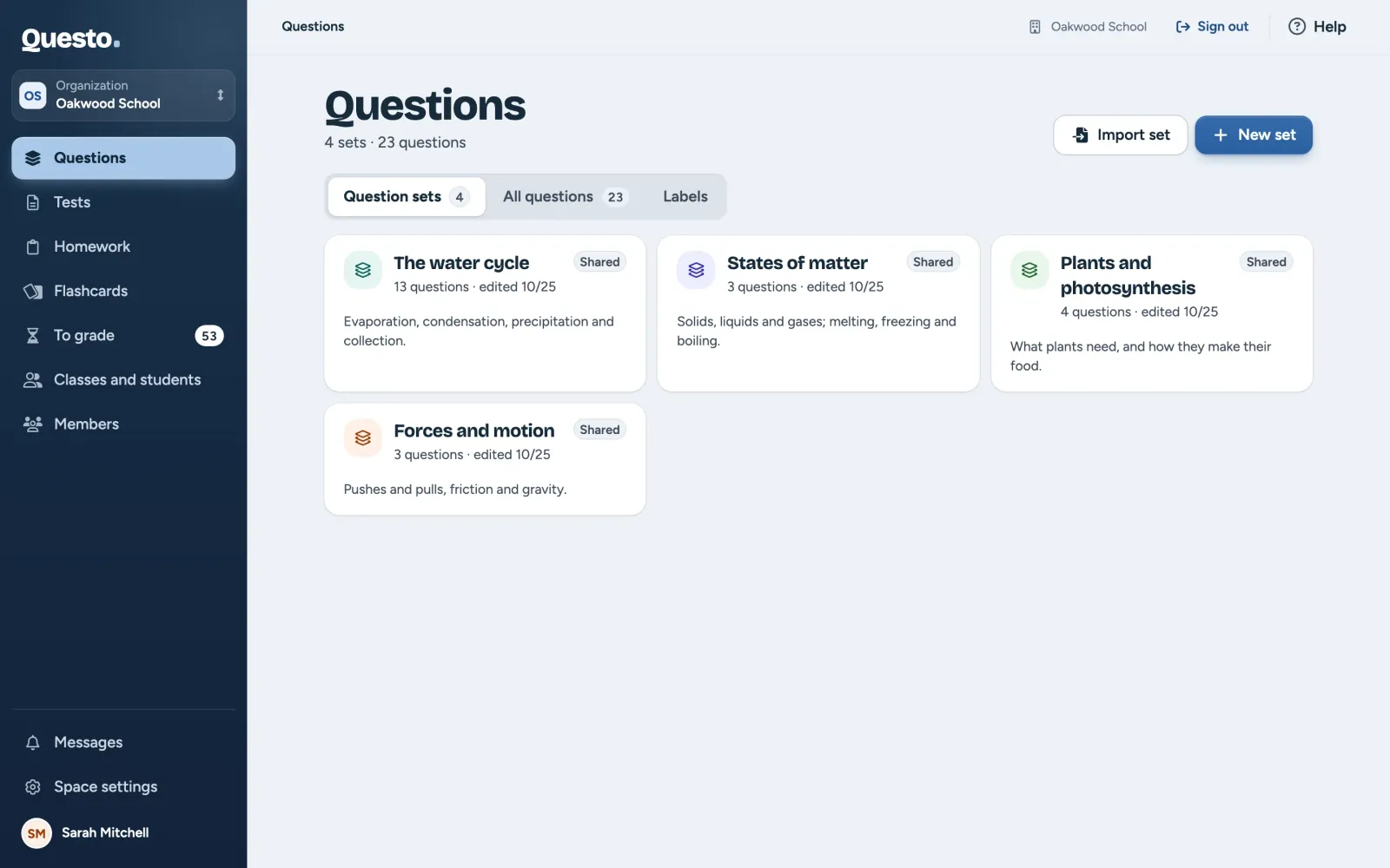The question bank: question sets as cards with their number of questions