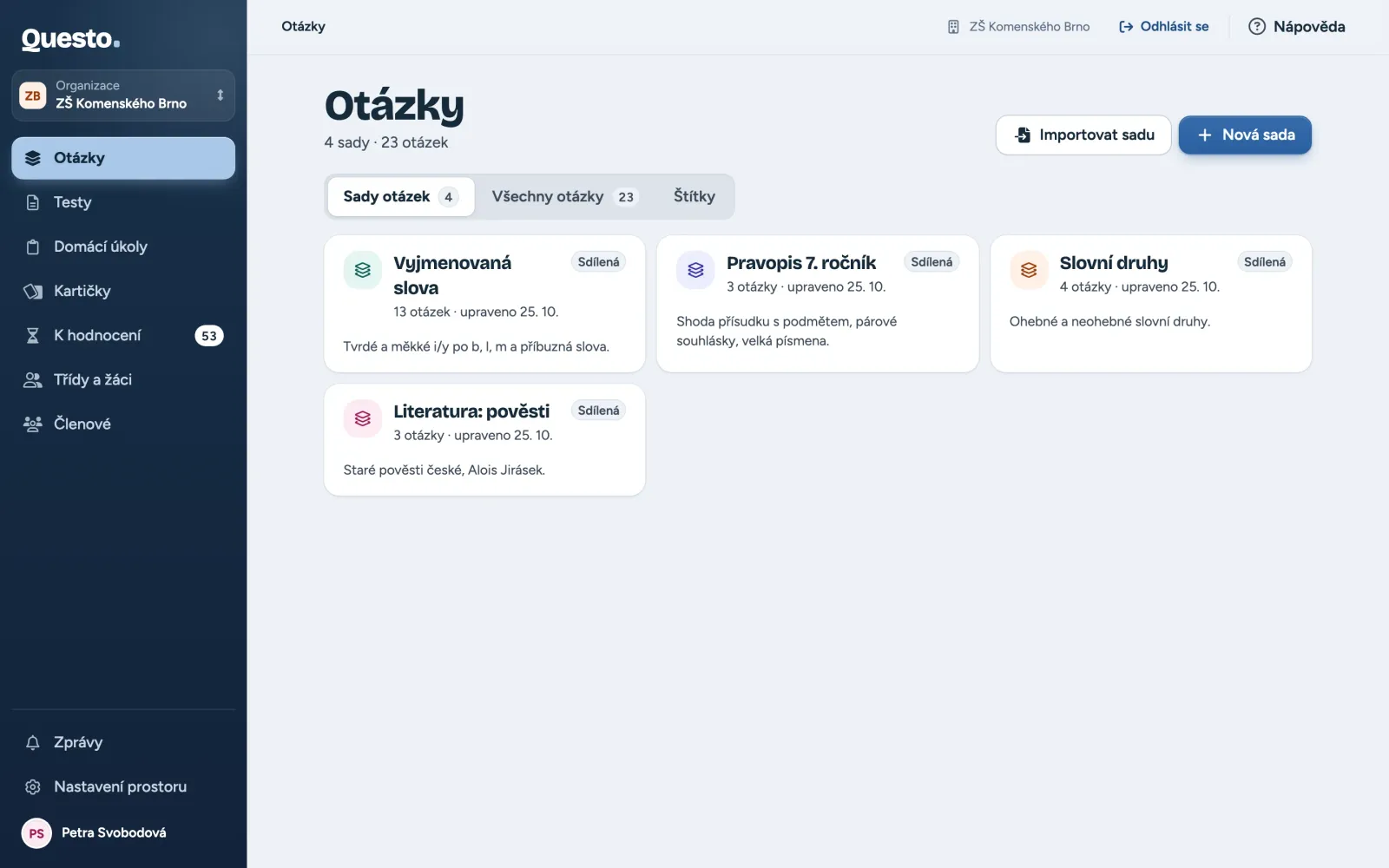 Otázky: sady otázek jako karty s počtem otázek