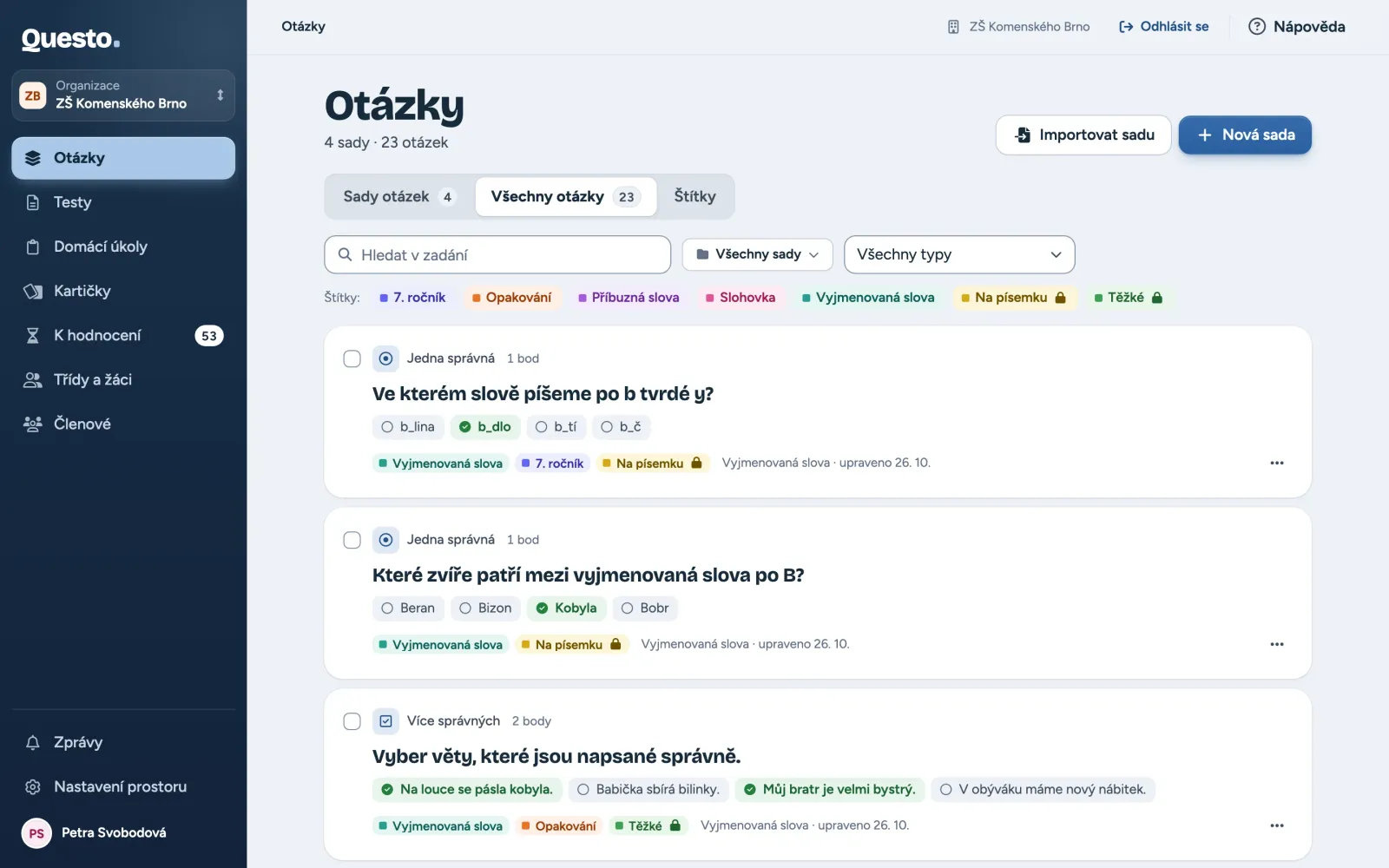 Všechny otázky: hledání v zadání, výběr typu a štítky jako filtr