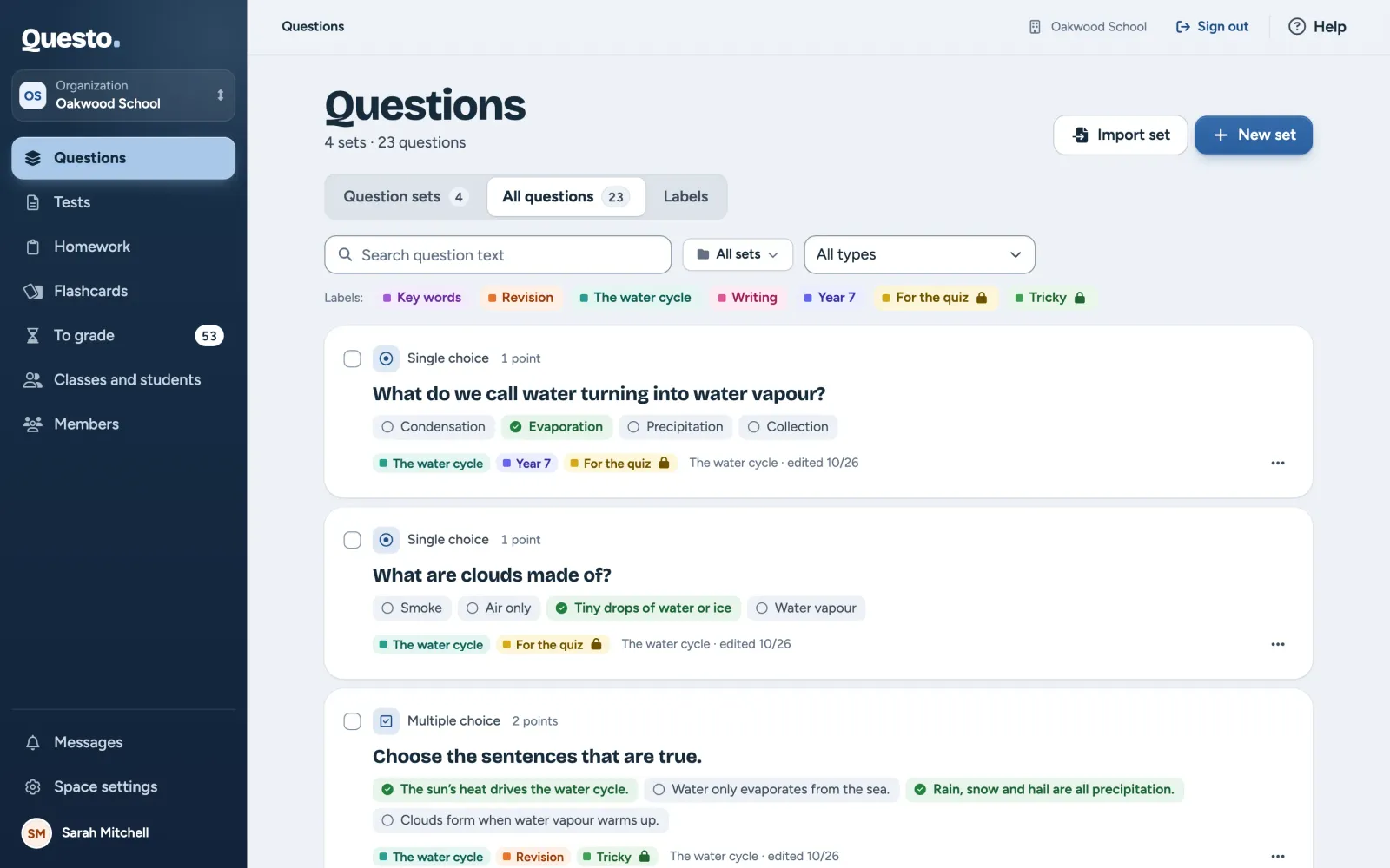 All questions: search in the question text, the type and labels as filters