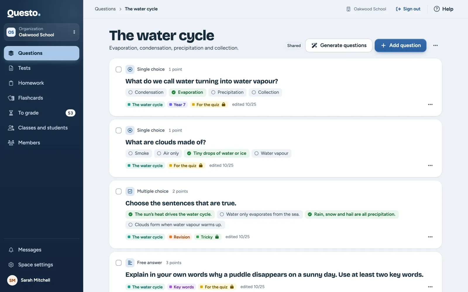A question set: the Generate questions and Add question buttons above the set’s questions
