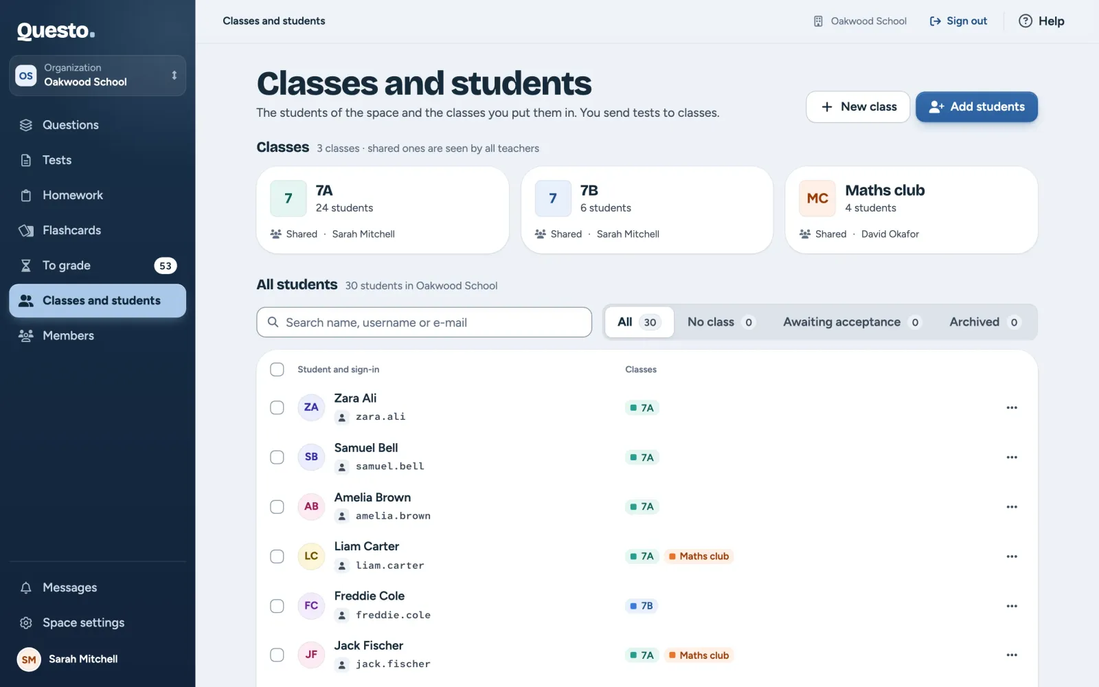 Classes and students: class tiles and the list of all students with the filter