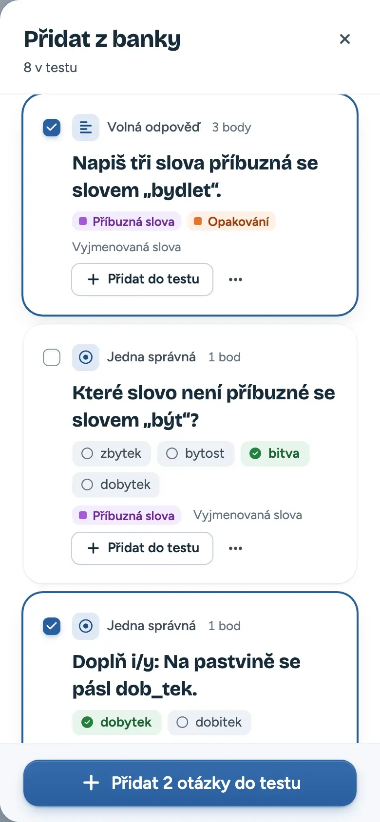 Výběr otázek na telefonu učitele