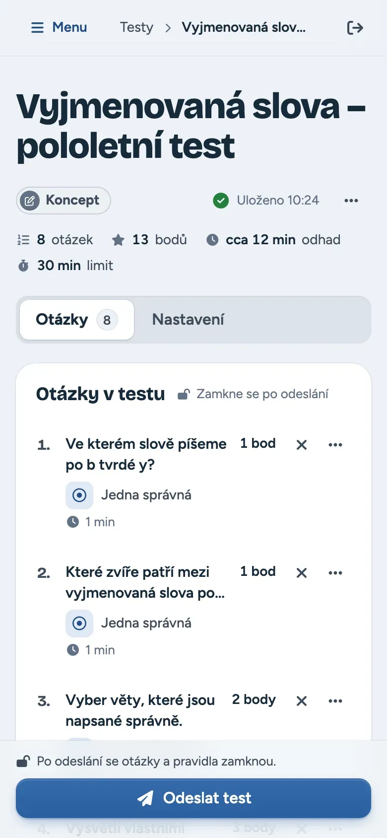 Nastavení testu před odesláním na telefonu učitele