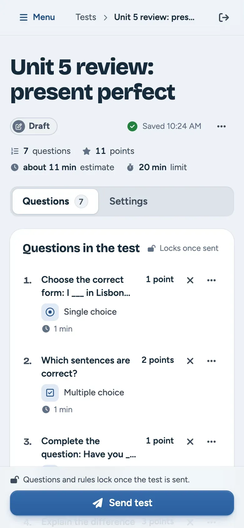 Setting up a test before sending it, on a teacher’s phone