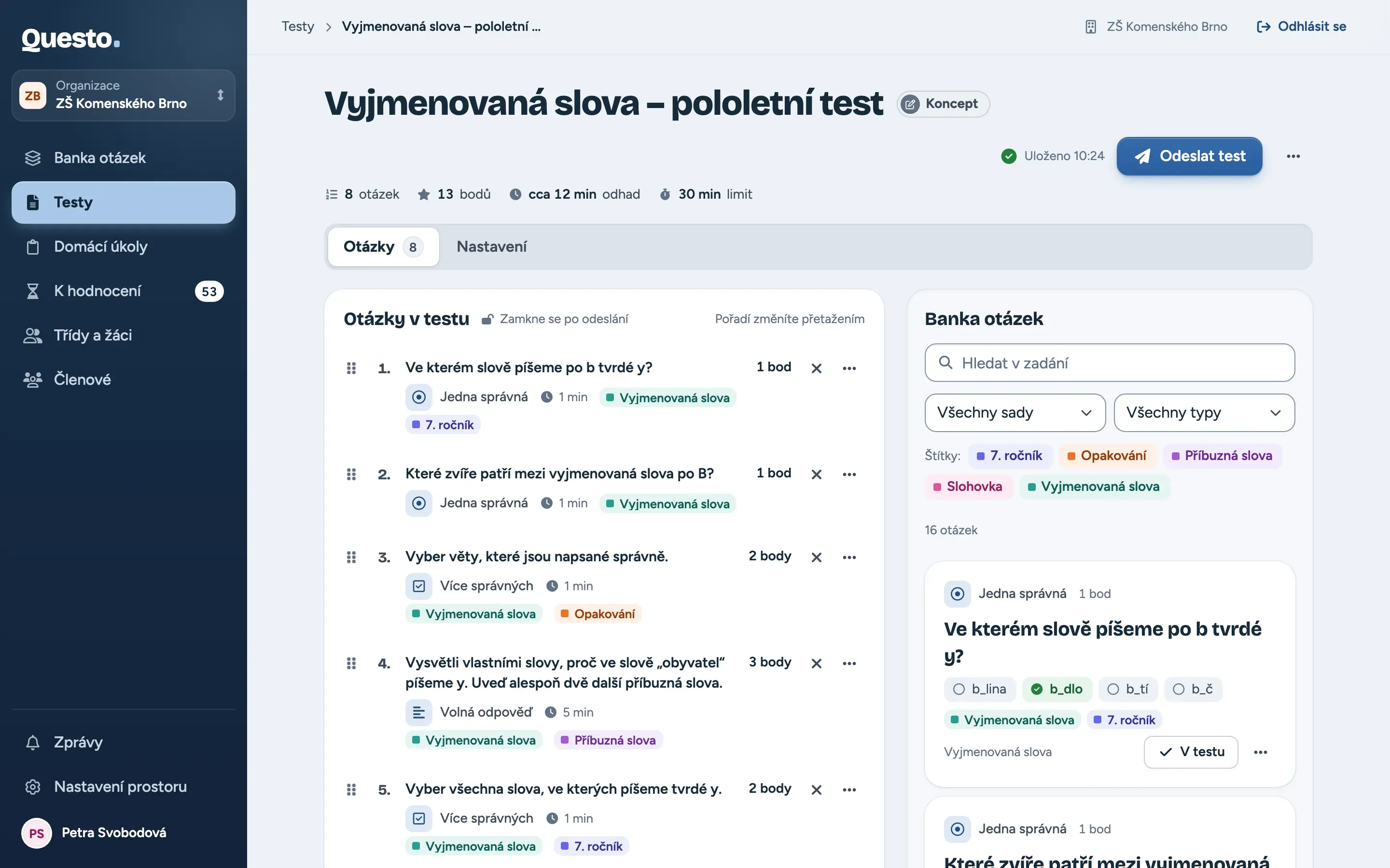 Sestavení testu: výběr z uložených otázek