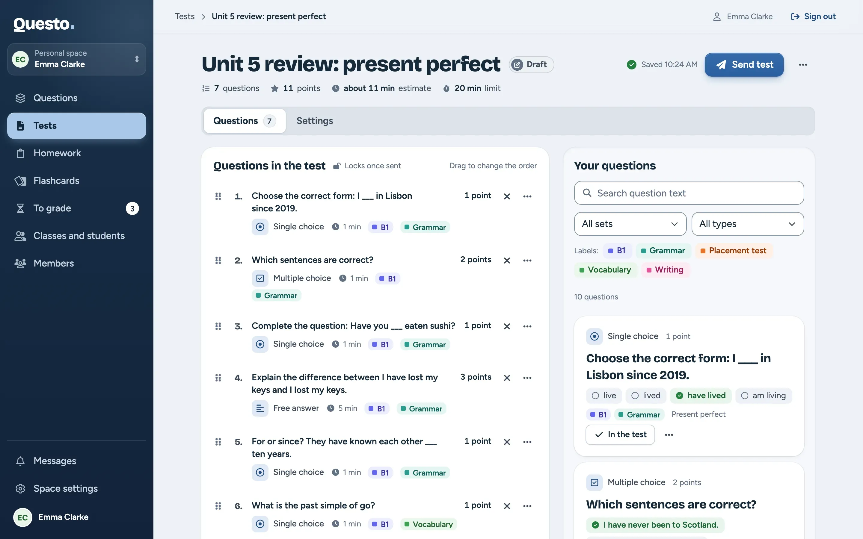 Building a test: questions picked from the question bank