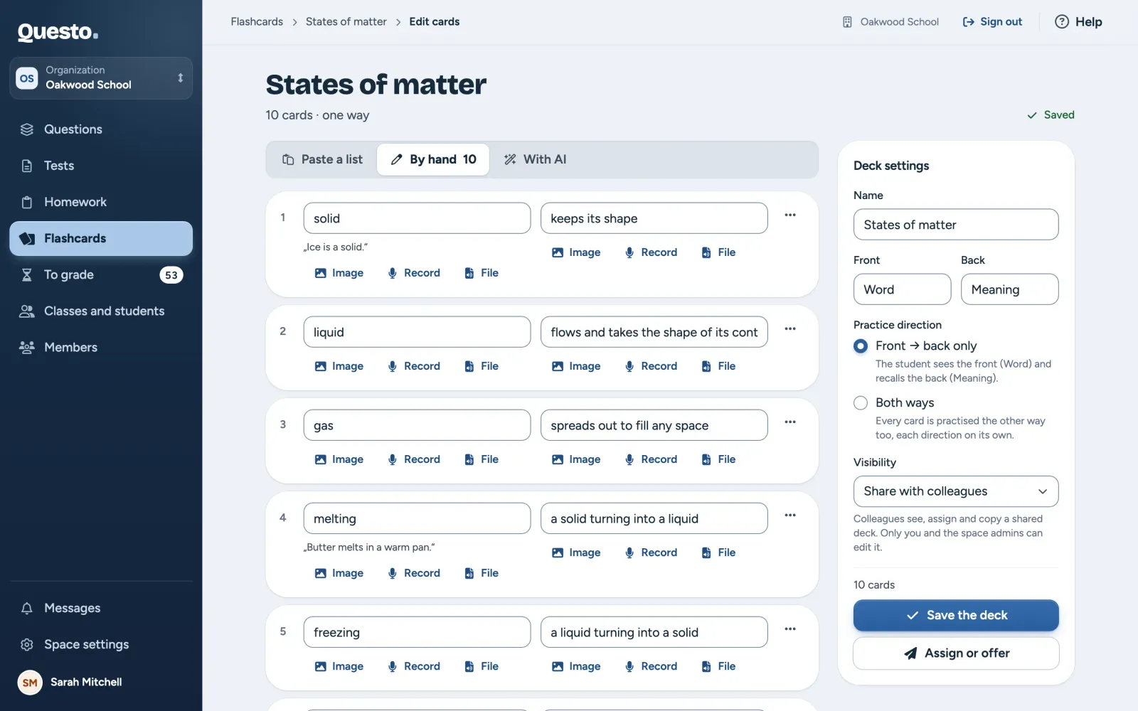 The deck editor: cards on the By hand tab, and on the right the deck settings with Save the deck and Assign or offer