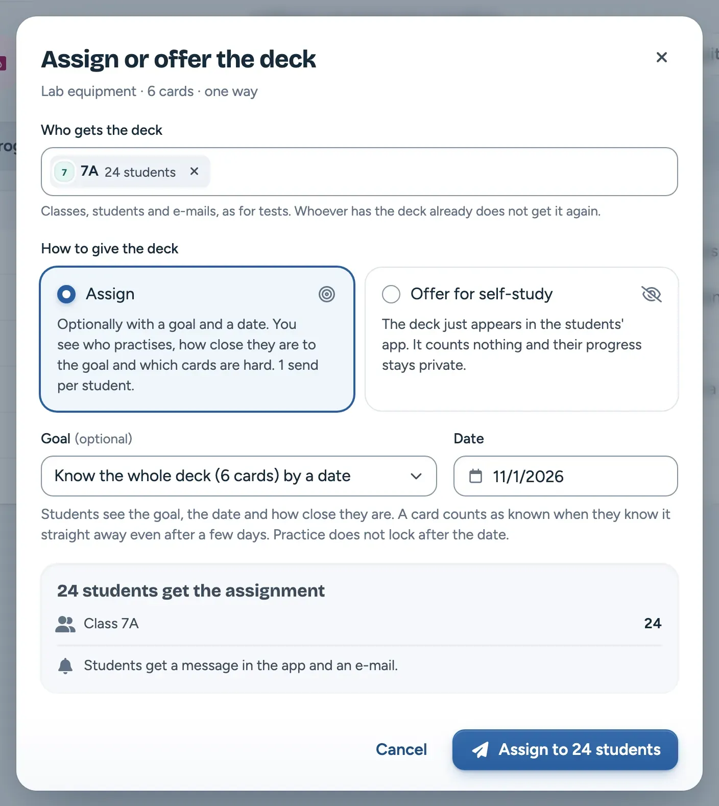 The Assign or offer the deck window with a class chosen, Assign selected and a goal with a date
