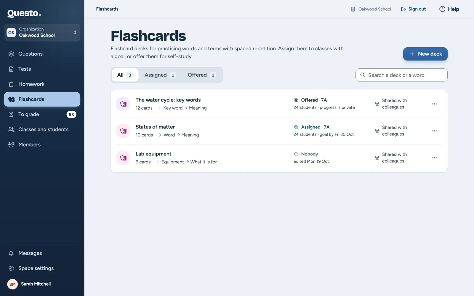 The Flashcards page: tabs, search and the list of decks with who they are assigned or offered to