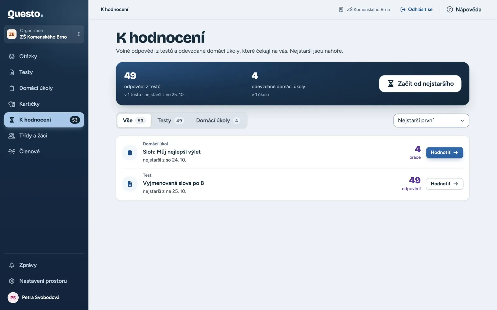 K hodnocení: čekající testy a domácí úkoly, nejstarší nahoře