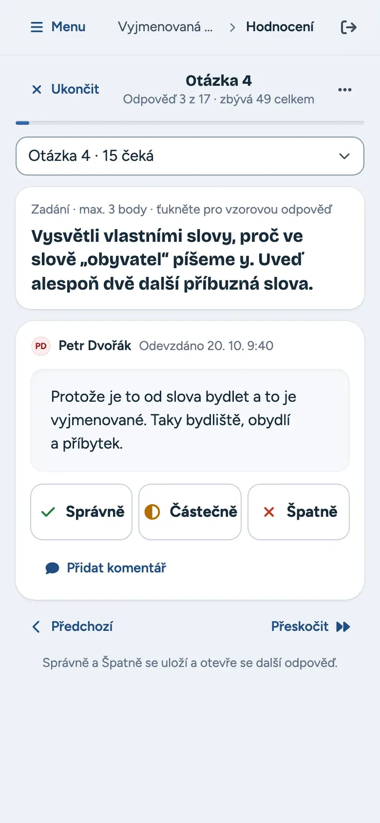 Hodnocení volných odpovědí na telefonu učitele
