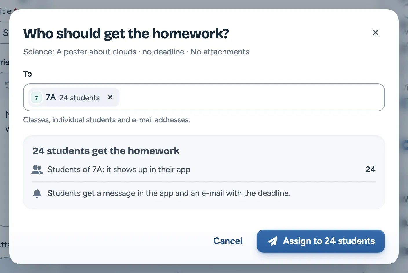 The Who should get the homework? window with a class chosen and the summary of how many students get it