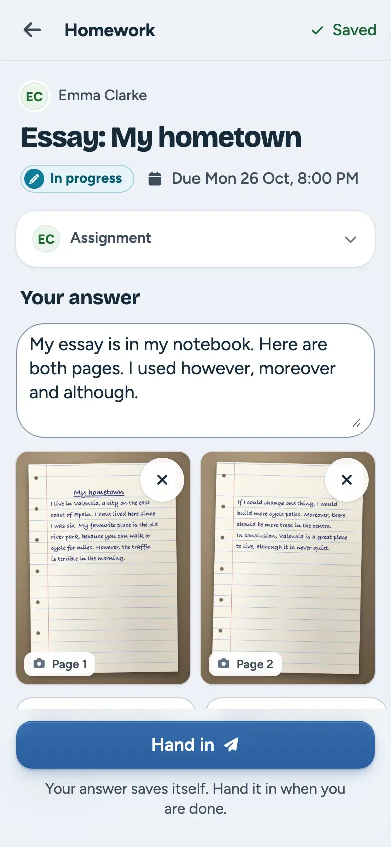 Handing in homework with a photo on a student’s phone