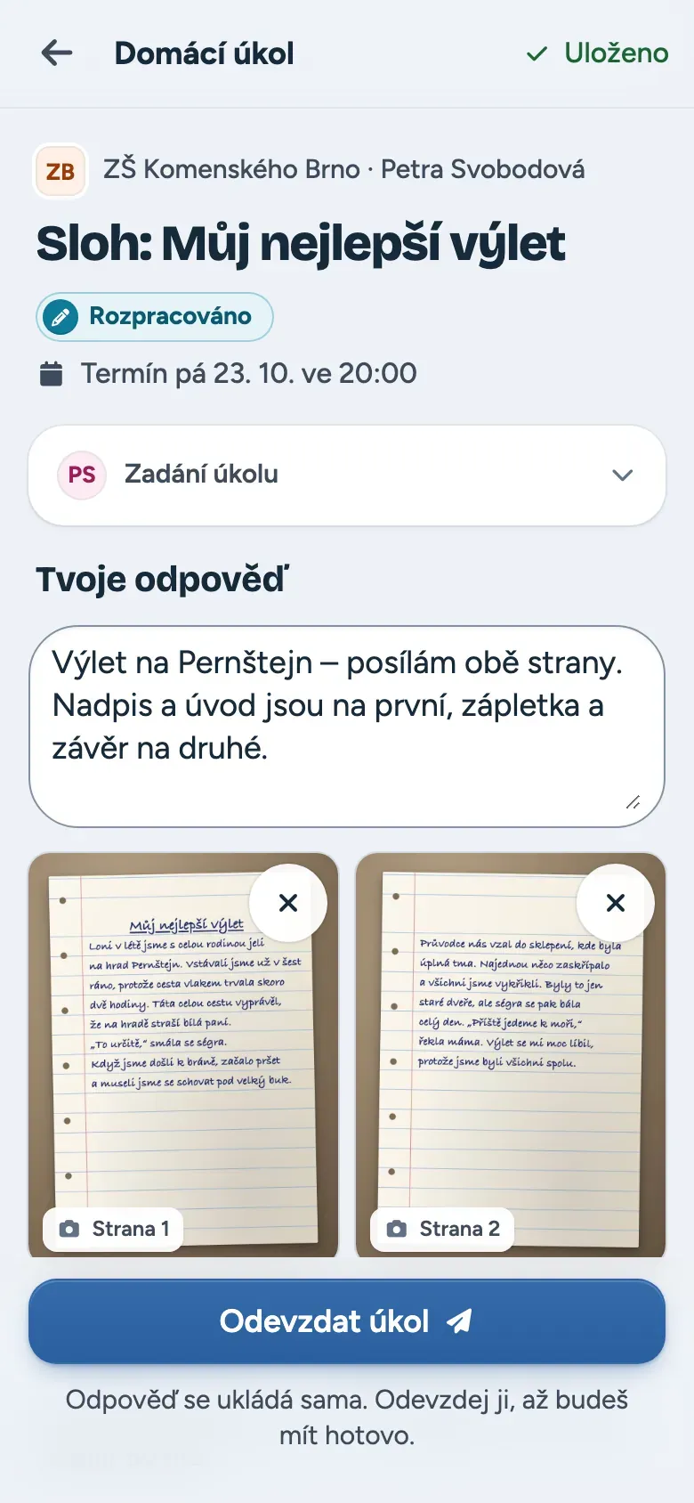 Odevzdání domácího úkolu s fotkou na telefonu žáka