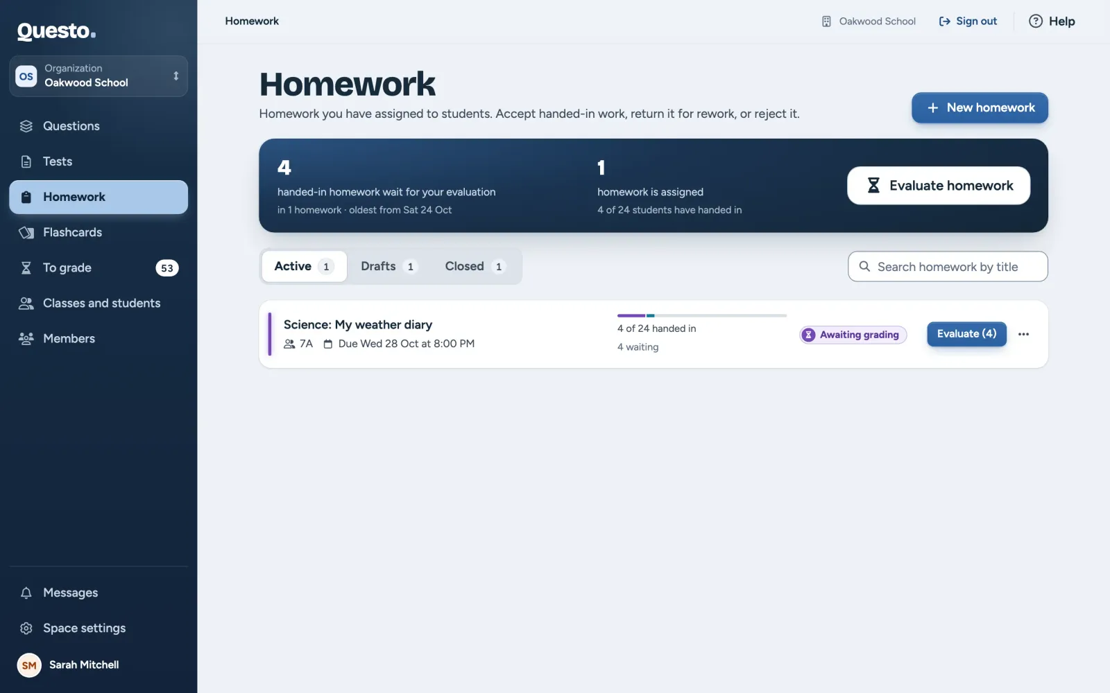 The Homework page: how much work waits for evaluation, the tabs and the list of homework