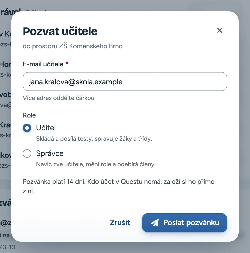Dialog Pozvat učitele: e-mail a volba role Učitel nebo Správce