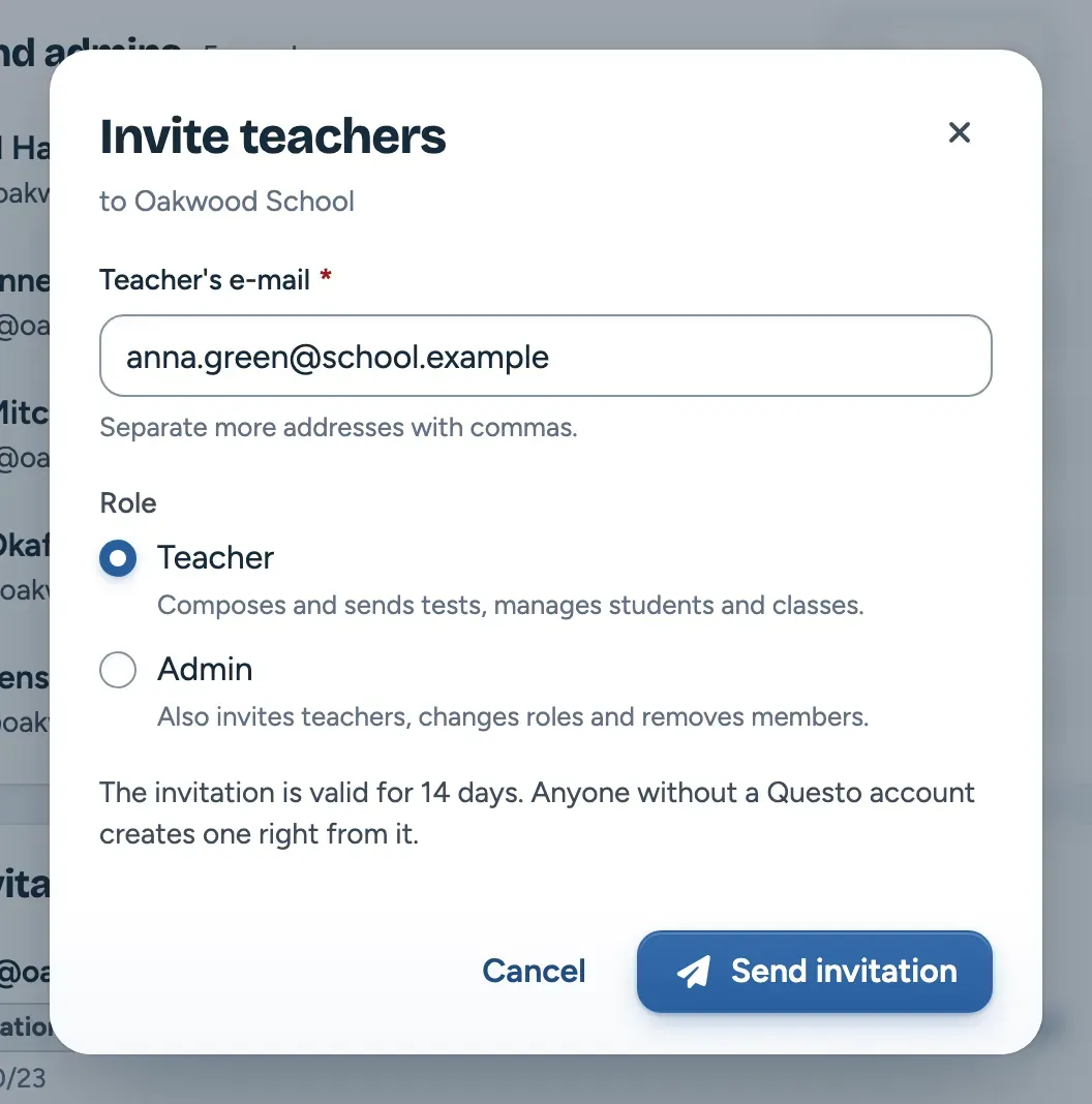 The Invite teachers dialog: an e-mail and the choice of the Teacher or Admin role