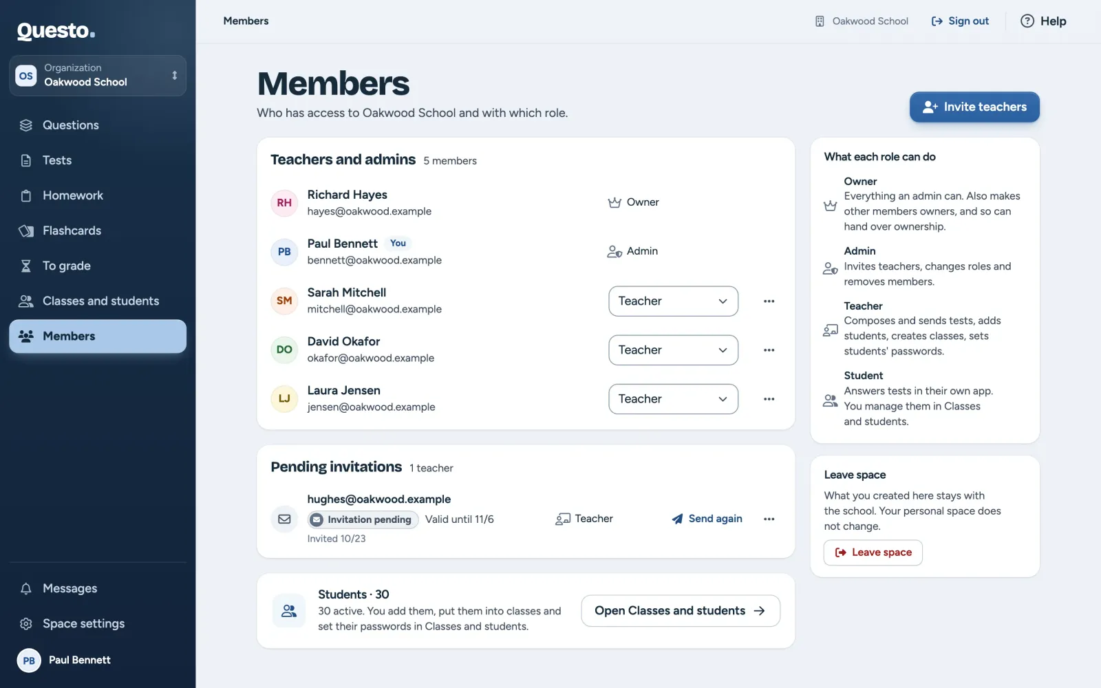 Members: teachers and admins with their roles, pending invitations and an overview of the roles