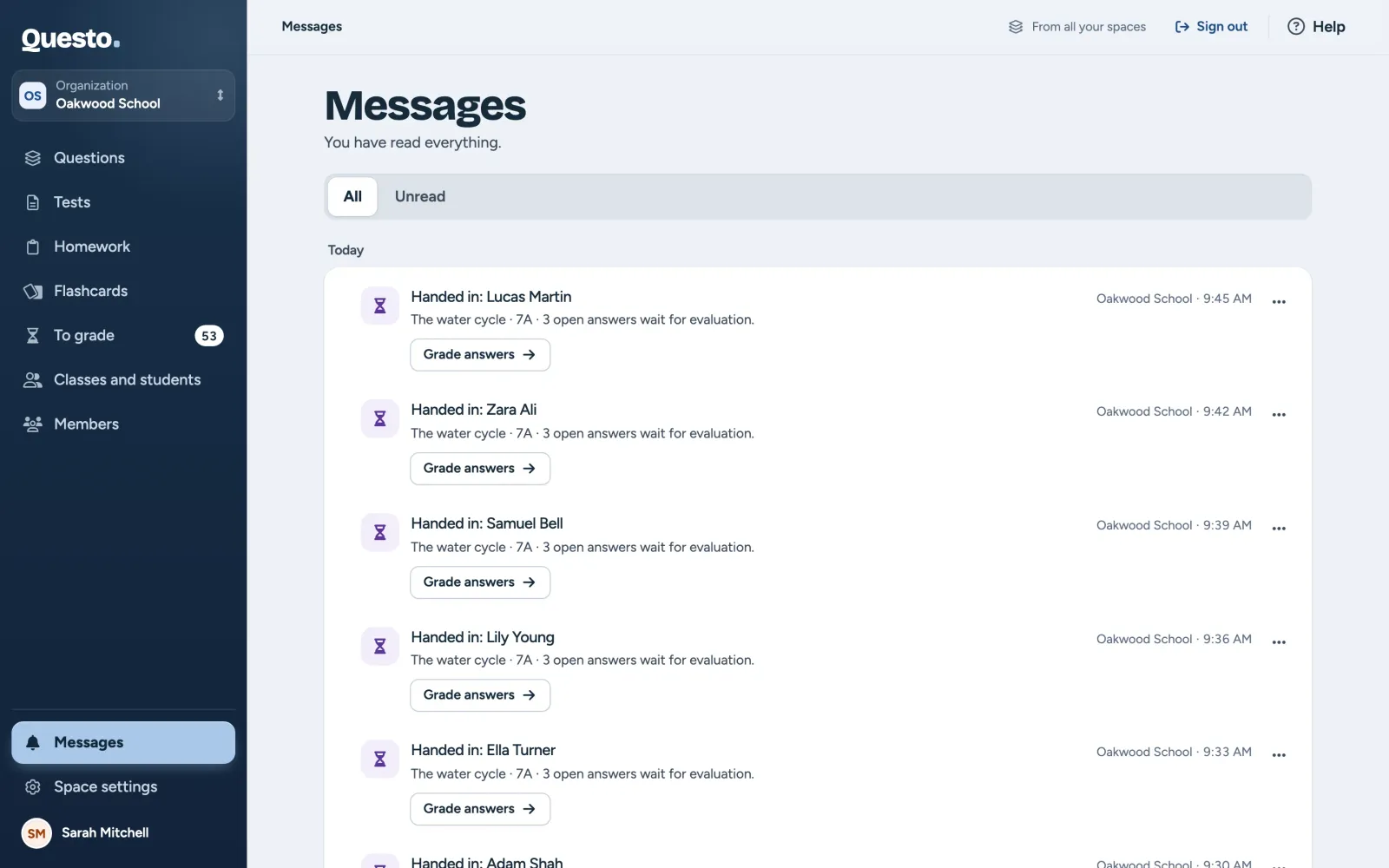 Messages: the list of messages by day, each with its button