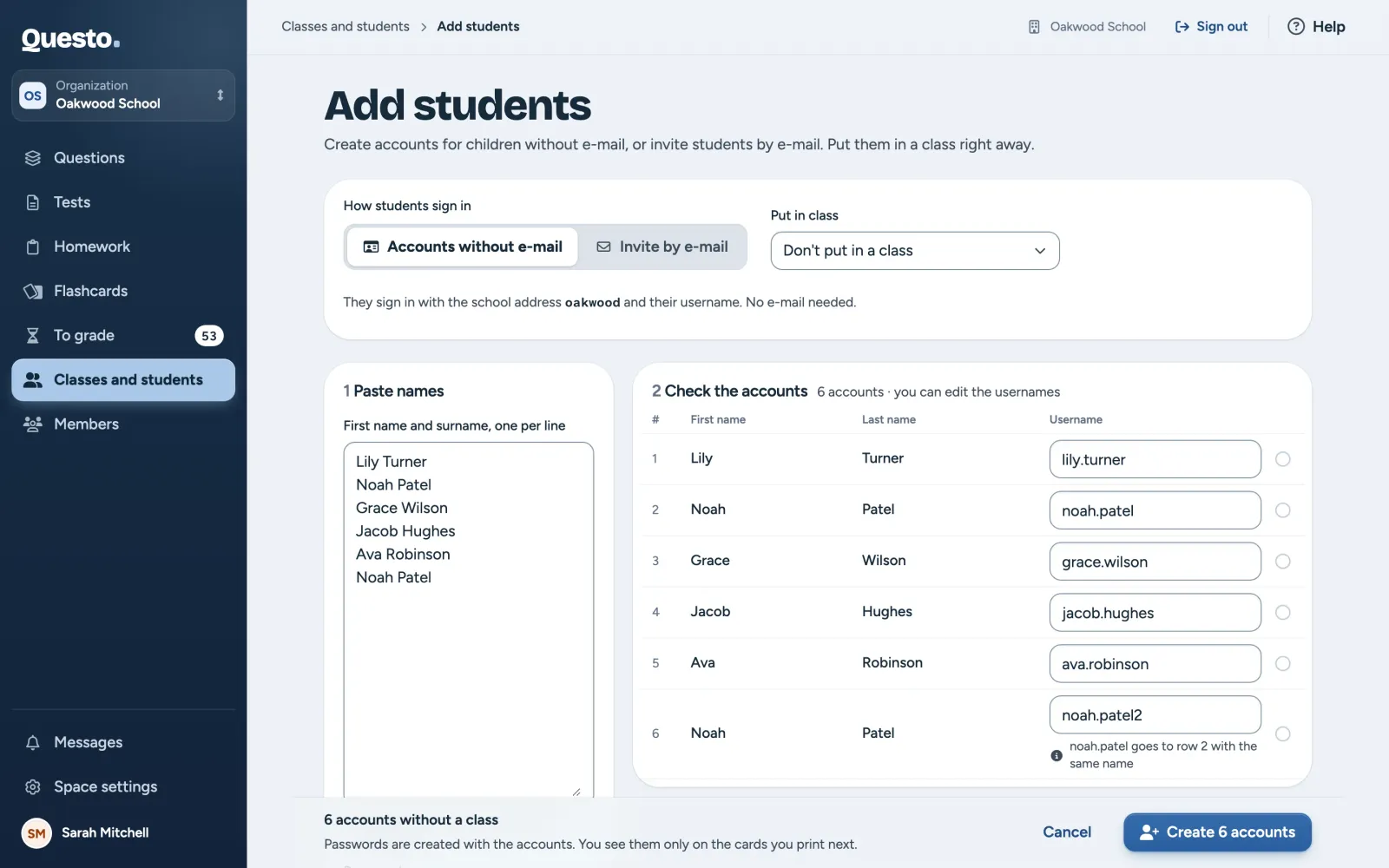 Add students, Accounts without e-mail: pasted names and their prepared usernames