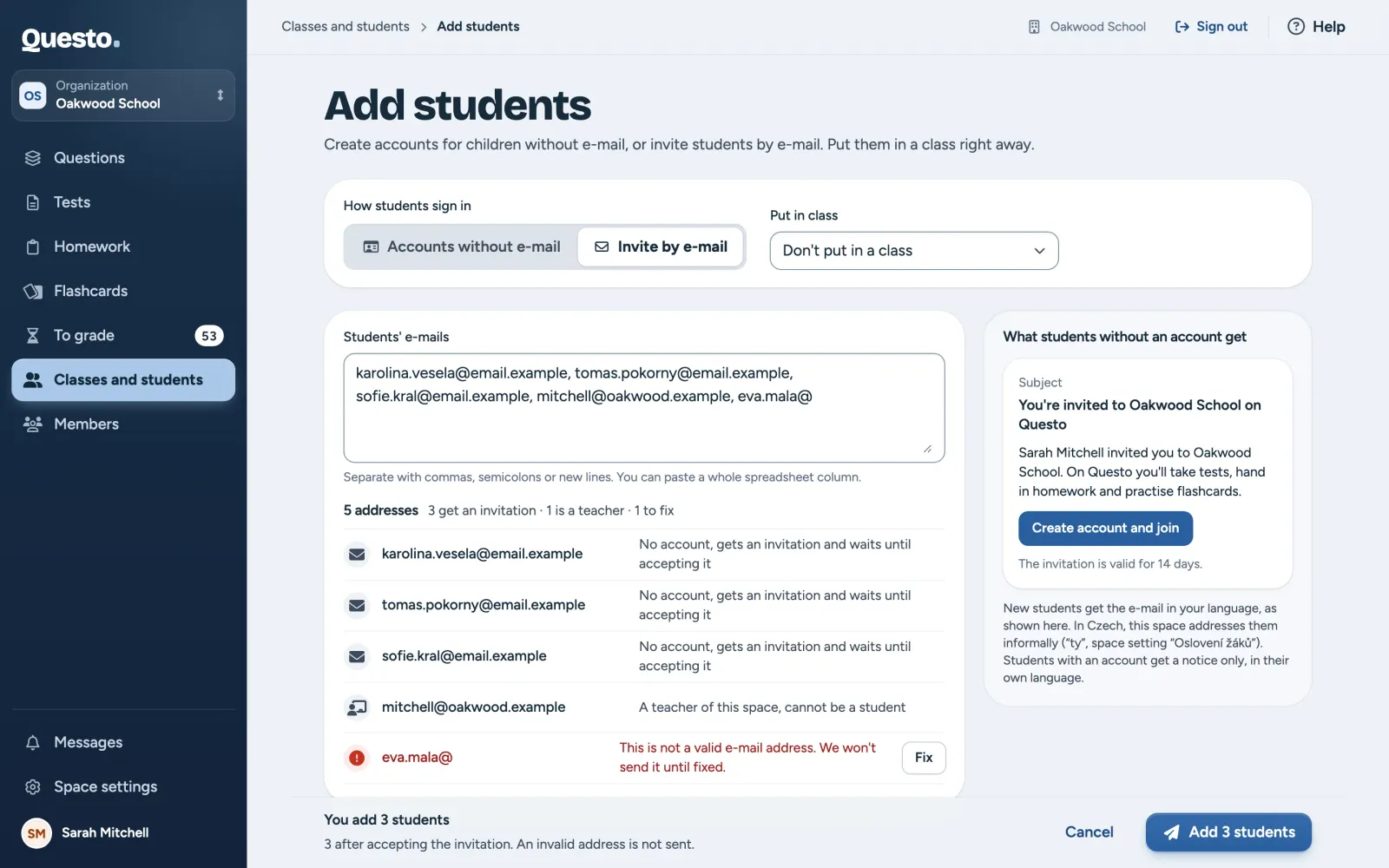 Add students, Invite by e-mail: the addresses and what happens to each
