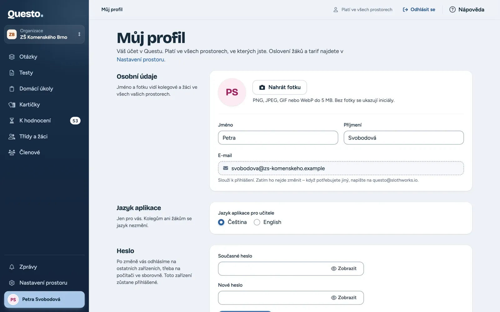 Můj profil: osobní údaje, jazyk aplikace, heslo a moje prostory