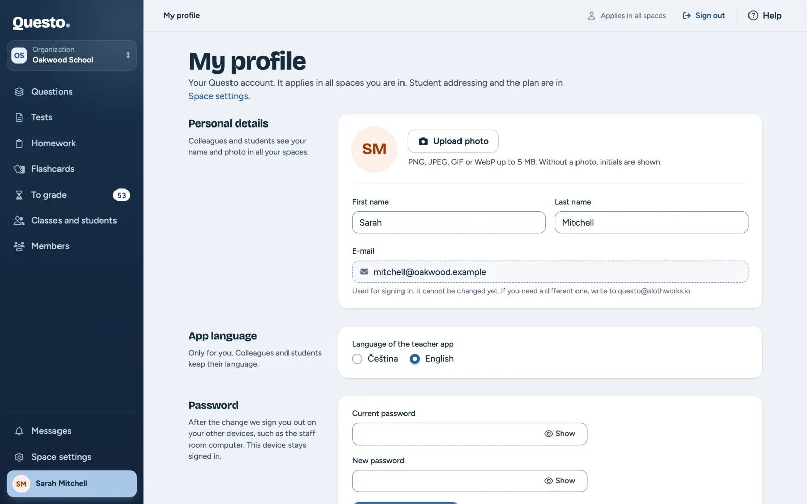 My profile: personal details, app language, password and my spaces