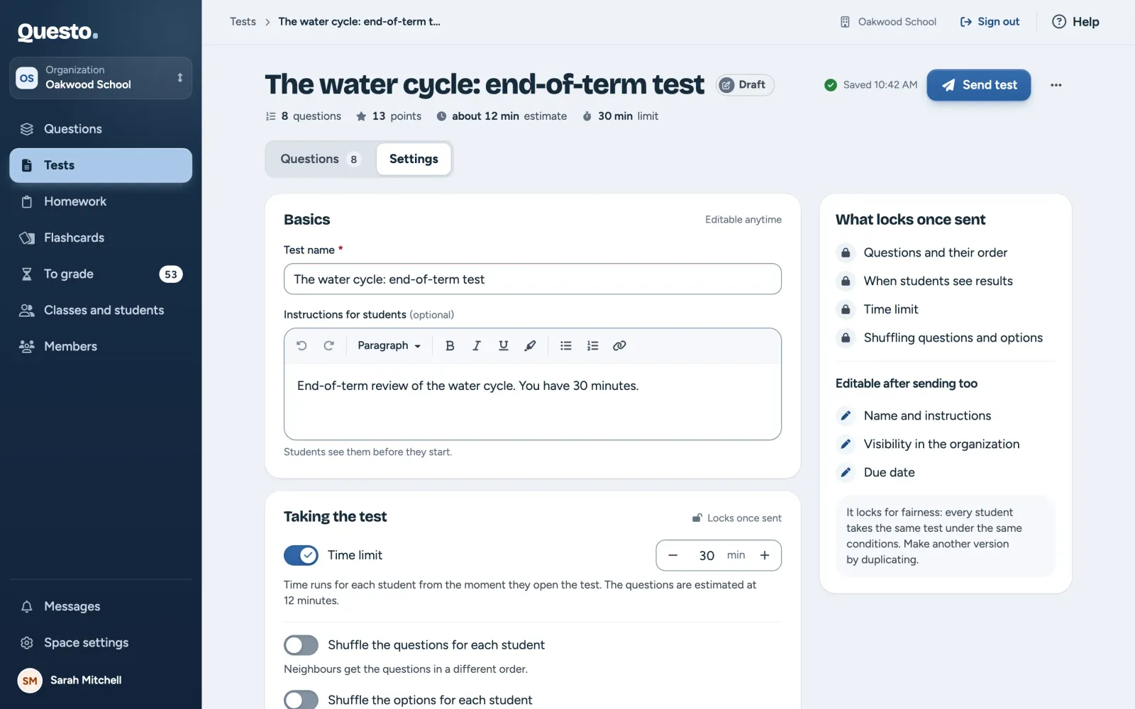 The test’s settings: basics, taking the test, when students see results and the due date