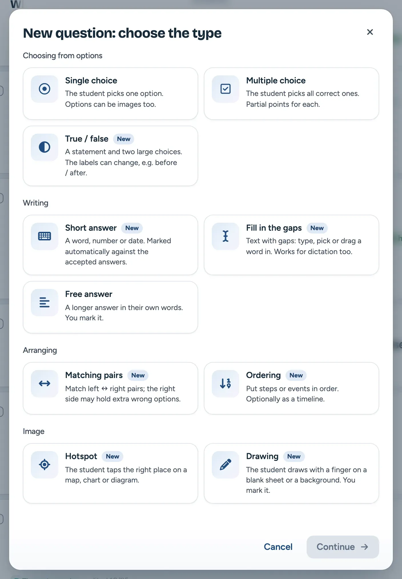 Choosing the type of a new question: ten types in four groups
