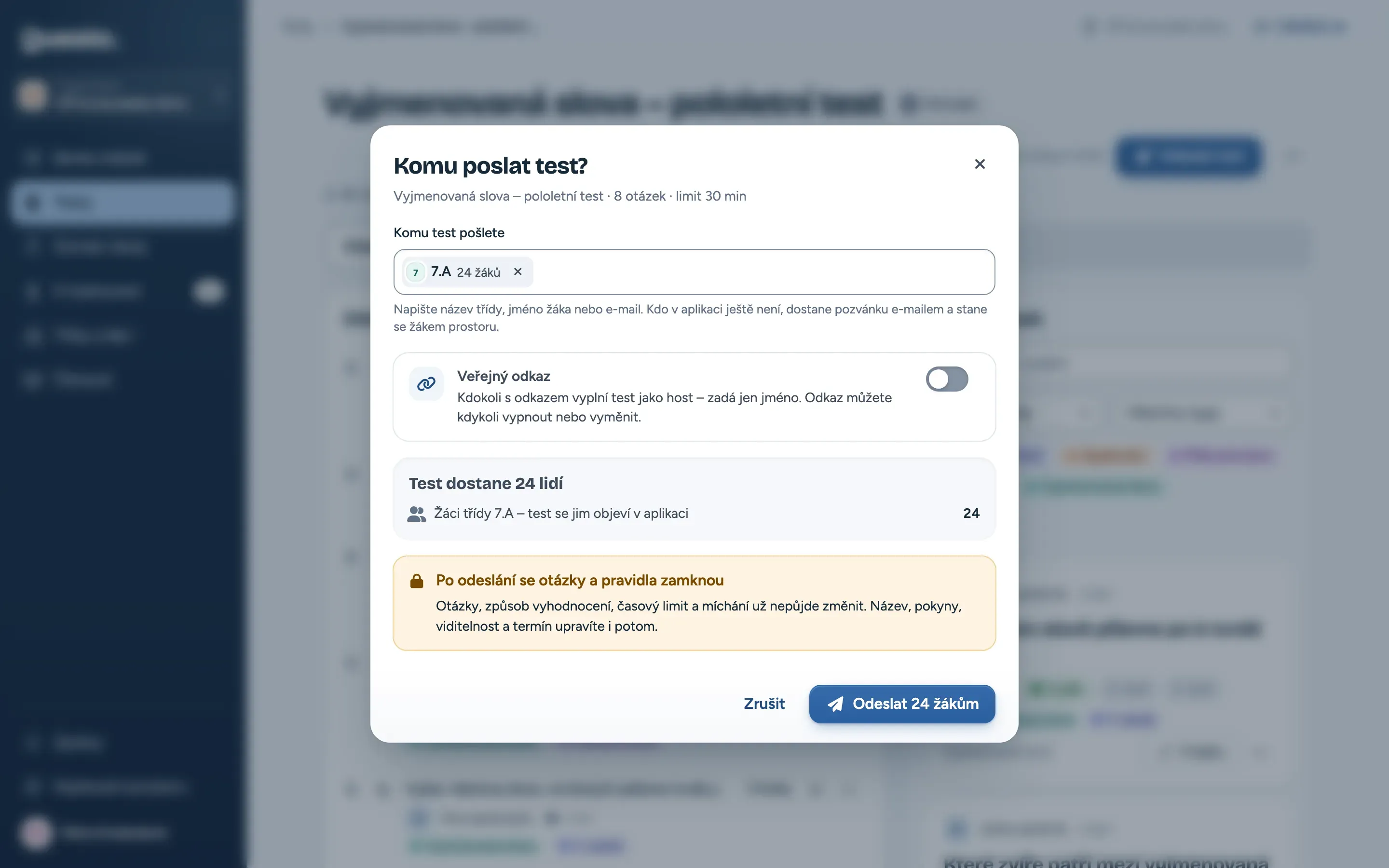 Odeslání testu třídě s termínem a časovým limitem