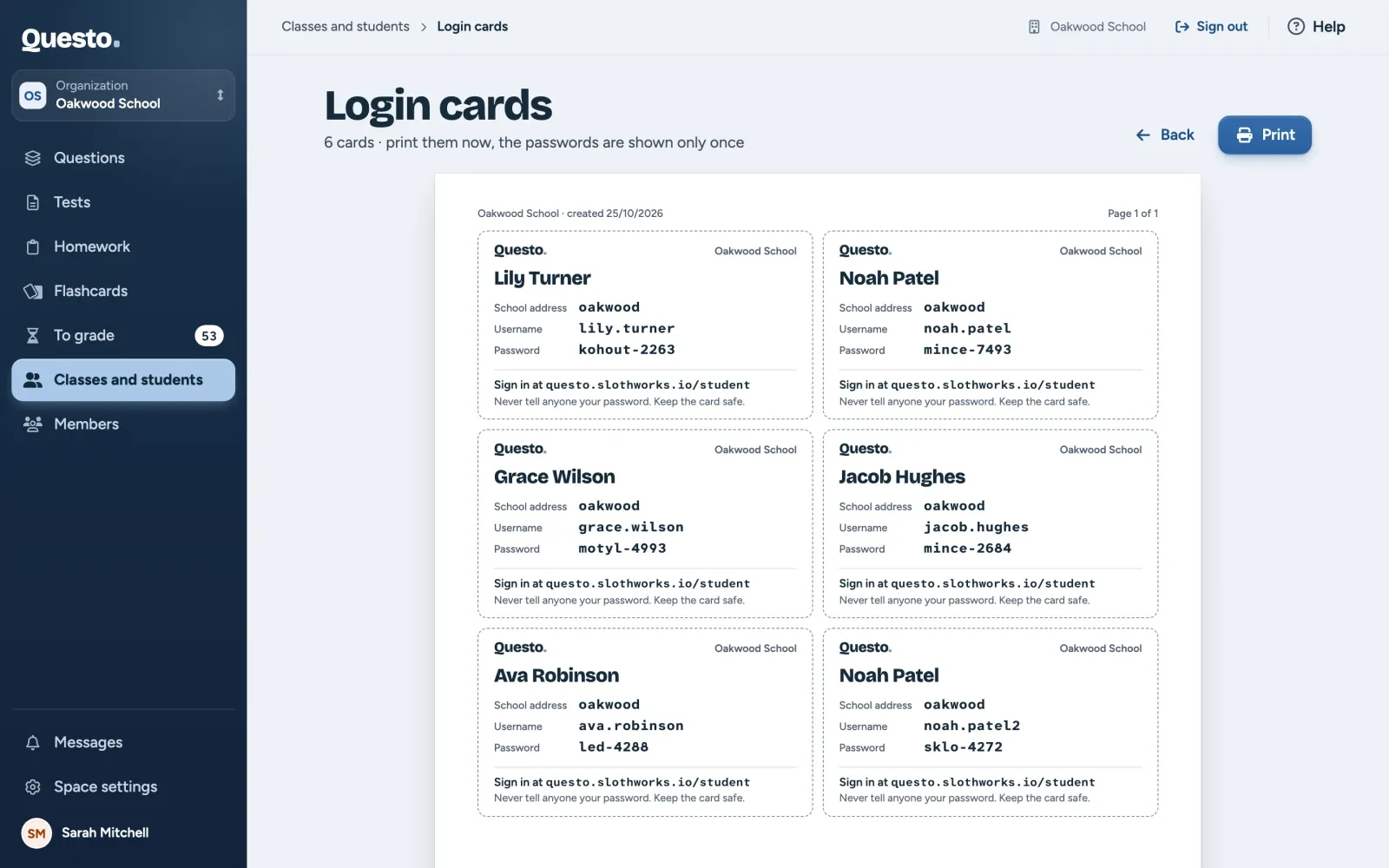 Login cards: a preview of an A4 page of cards and the Print button