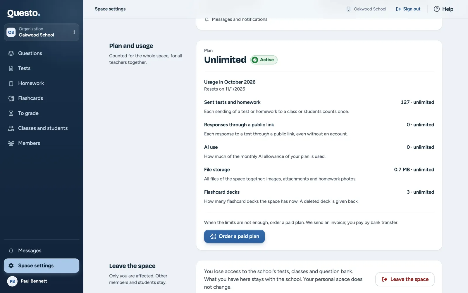 Plan and usage: the plan and its status, this month’s usage with the reset date and the Order a paid plan button