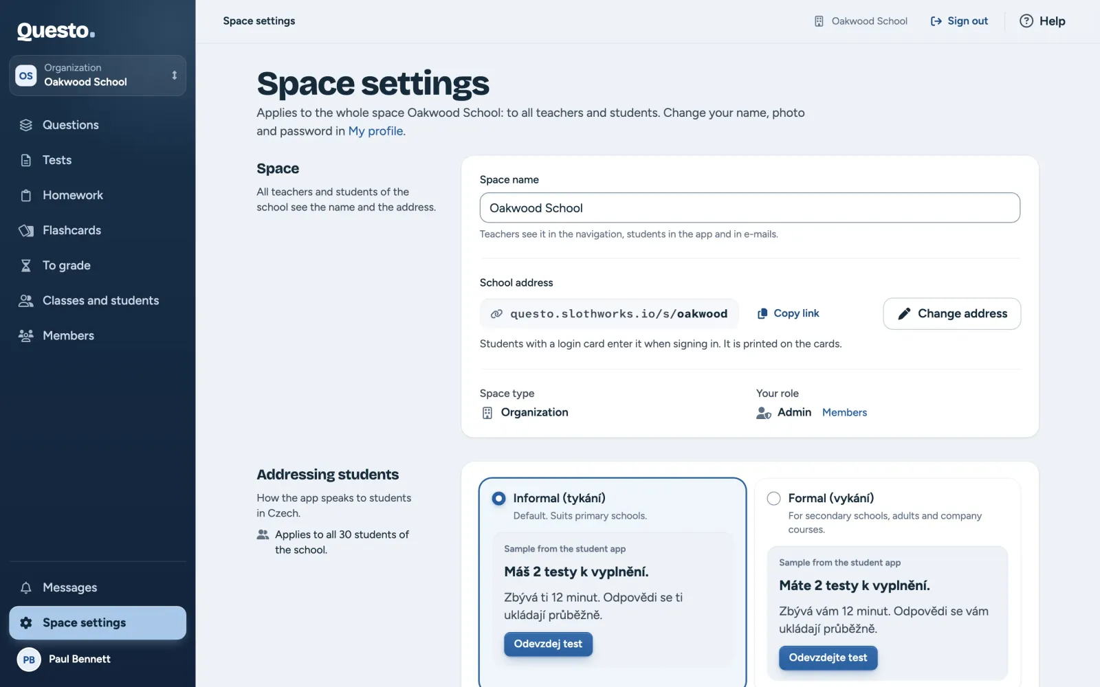 Space settings: the Space section with its name and school address, and Addressing students