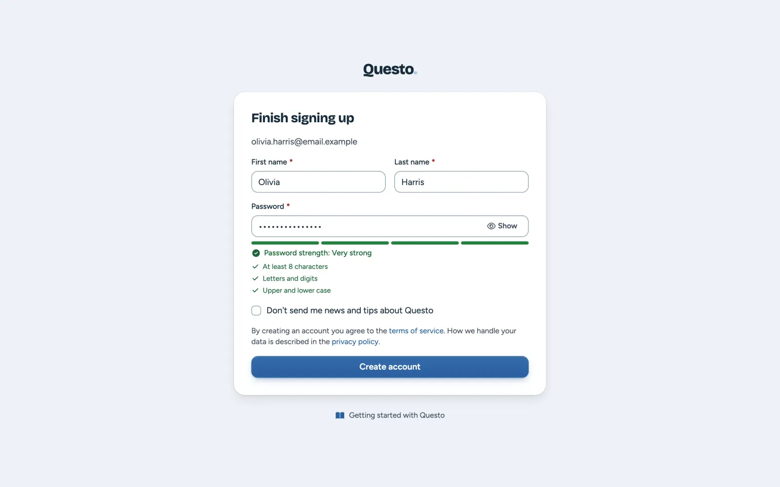 Finish signing up: first name, last name, password and the Create account button