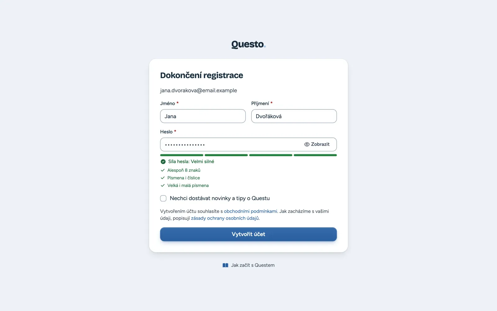 Dokončení registrace: jméno, příjmení, heslo a tlačítko Vytvořit účet