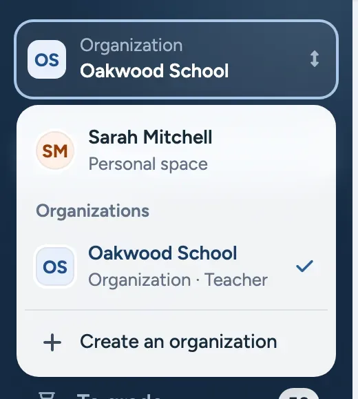 The space switcher in the navigation: the personal space and organizations with roles