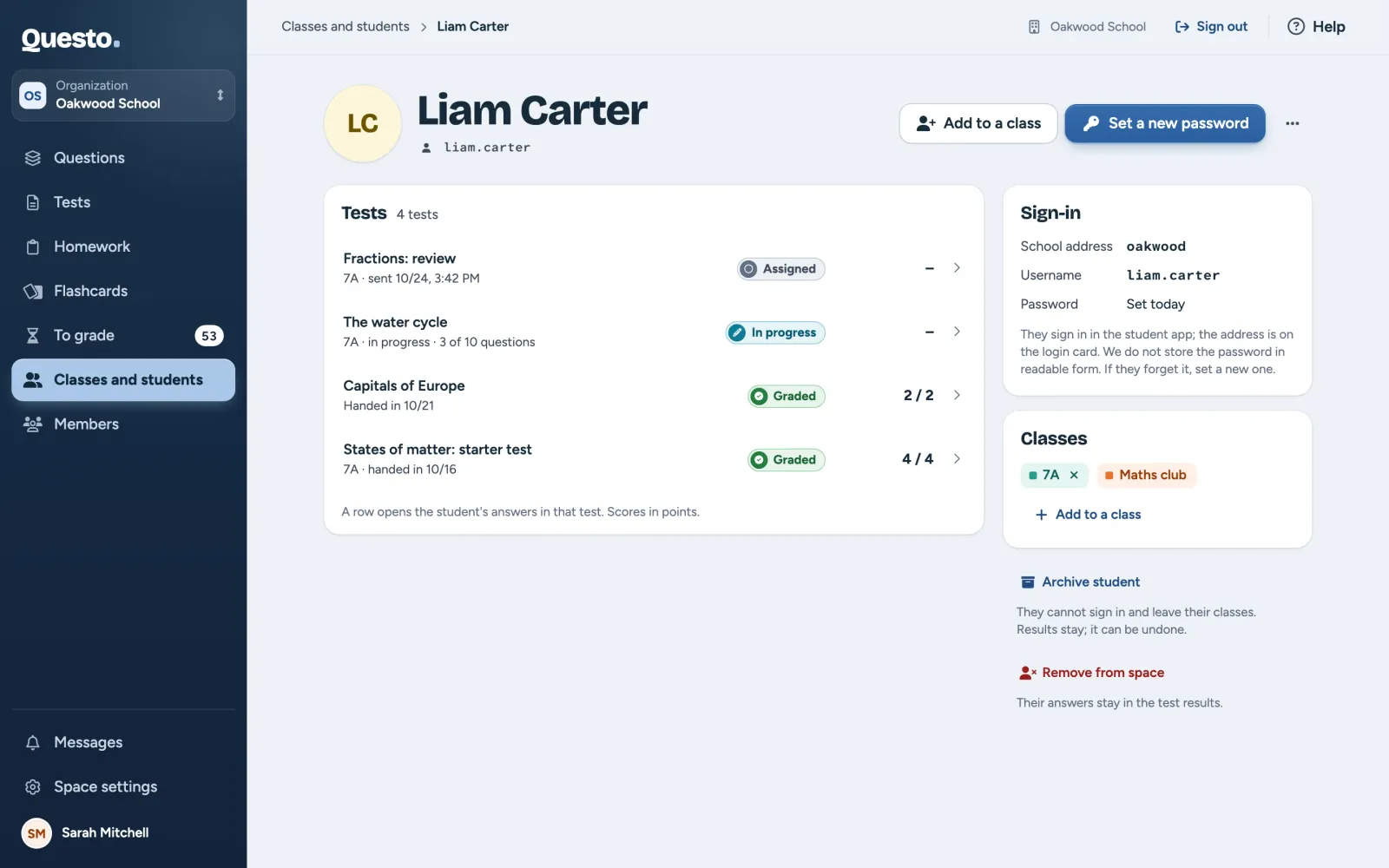 A student’s detail: sign-in, classes, and tests with status and score