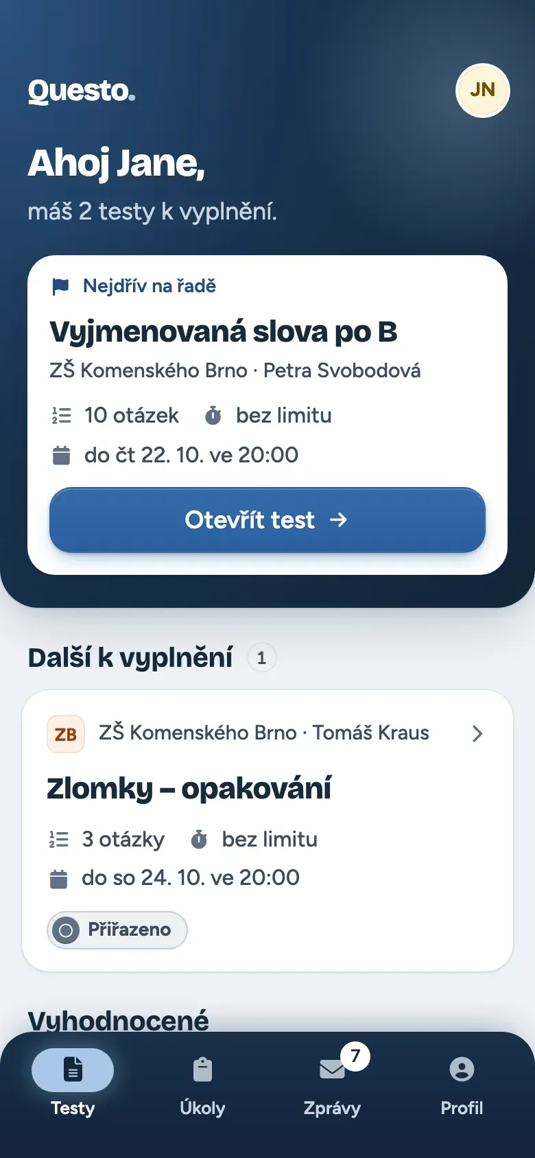 Přehled testů a úkolů v aplikaci žáka