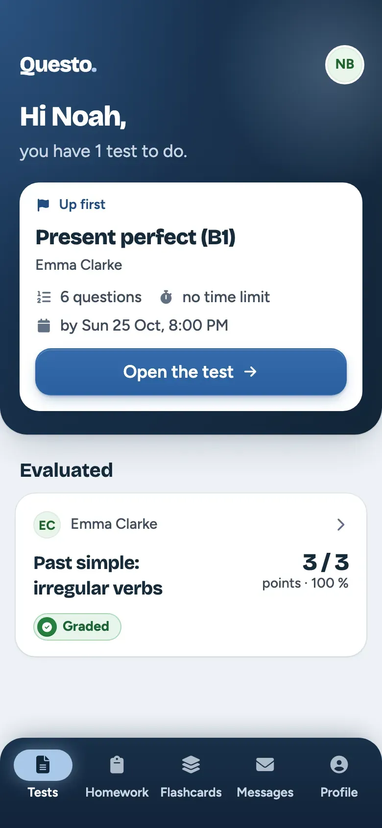 Tests and homework in the student app