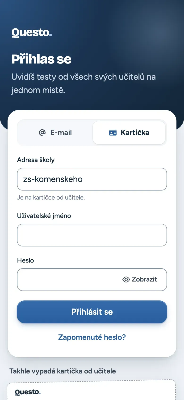 Aplikace pro žáky: přihlášení kartičkou s adresou školy, uživatelským jménem a heslem