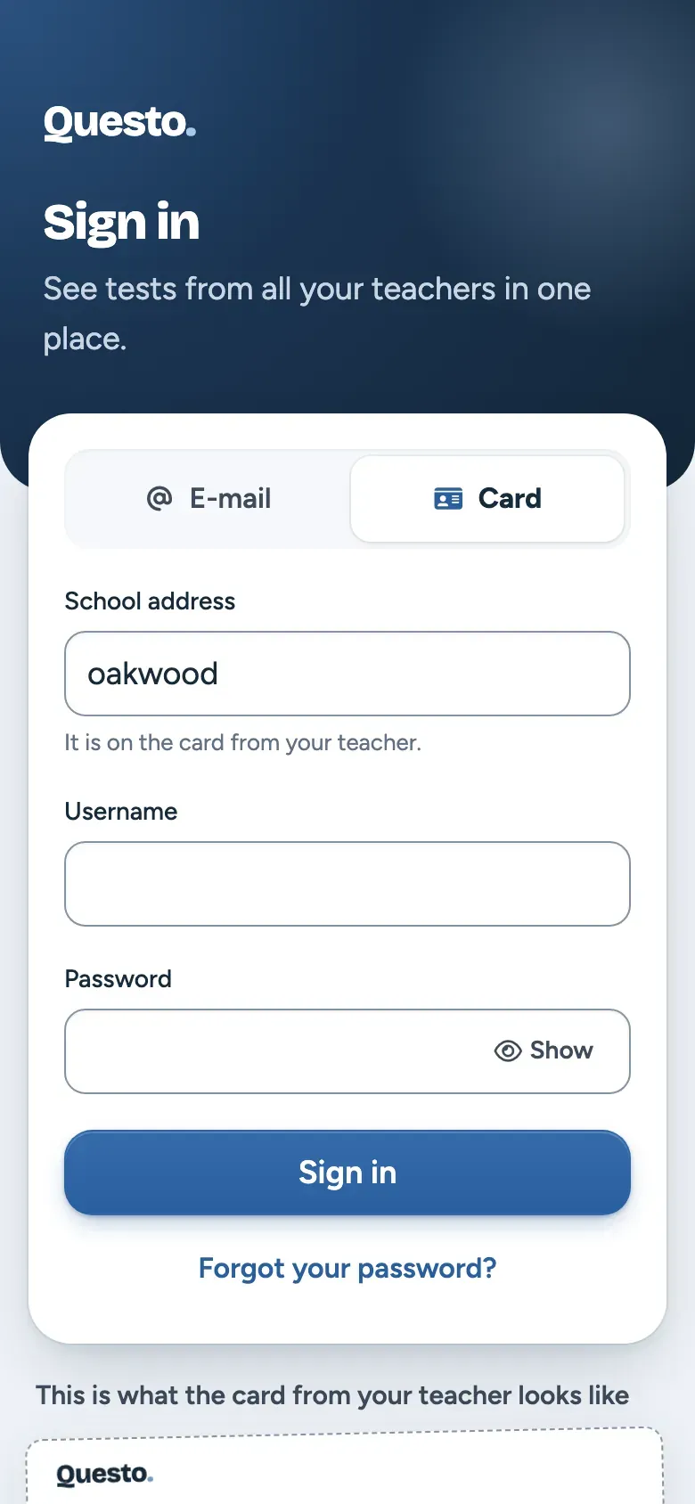 The student app: signing in with a card, with the school address, username and password