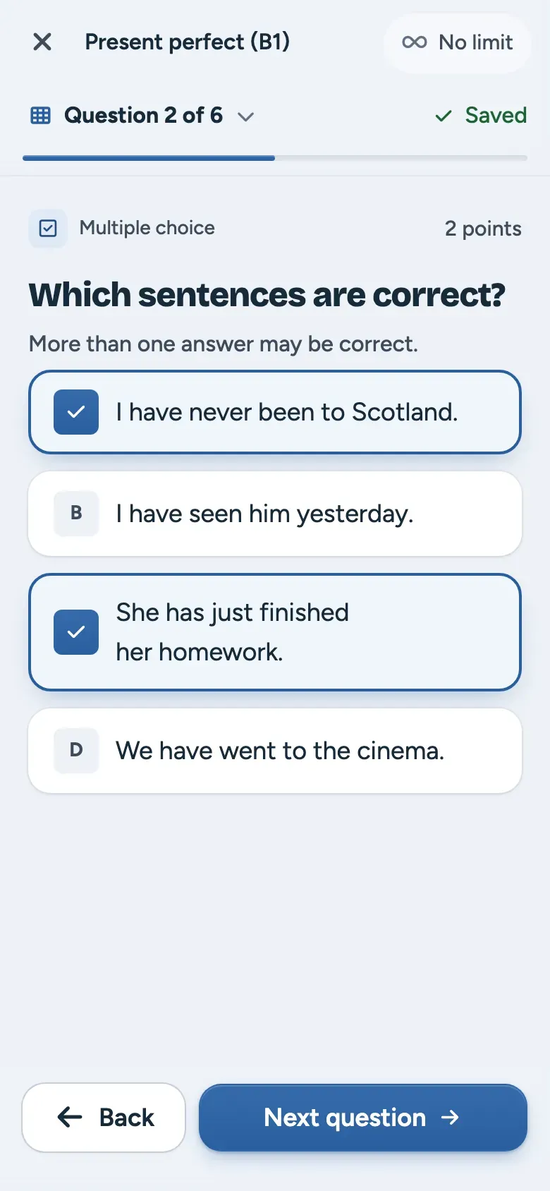 A multiple-choice test question on a student’s phone