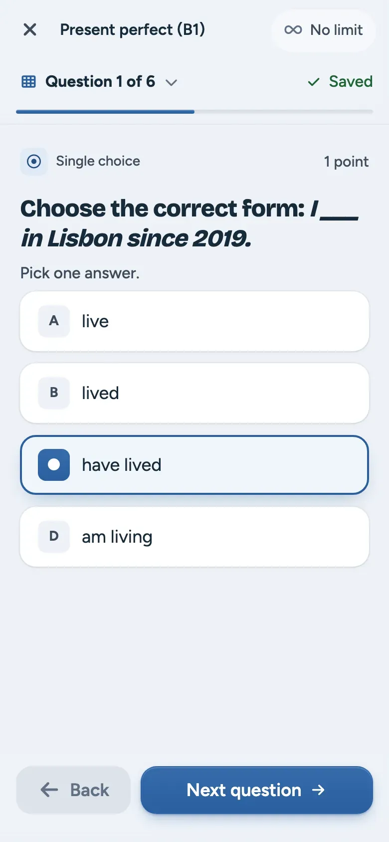 A single-choice test question on a student’s phone