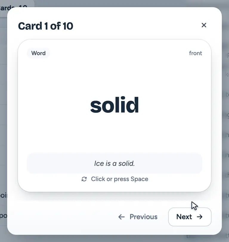 A card opened from the deck: flipping it to the back and moving to the next card
